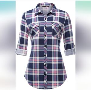 DJT Lightweight Plaid Flannel Shirt Blue & Pink Plaid Size XL